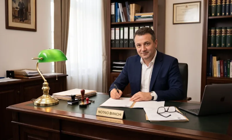 Il notaio Mario Bianchi alla scrivania del suo studio